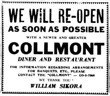 DINE-IN ROOM: Pictured is the second incarnation of the COLLMONT Diner, which once stood on the corner of Cuthbert Blvd. and Haddon Ave. At bottom is the original 1948 diner before the banquet hall addition. The restaurant was destroyed by fire in 1957, as reported in The Retrospect, below, and again in 1967.