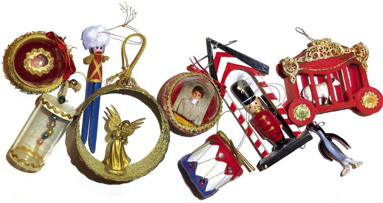 THOSE 70s ORNAMENTS: Many of the Zeigler family ornaments above were purchased at Gaudio’s in the 1970s, such as the drum, guard house, circus wagon and penguin. The tunafish-can angel was homemade and the pill bottle ornament, clothes pin soldier and picture balls were made at Van Sciver School in the 1970s.