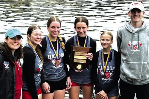 DOUBLE GOLD: Haddon Township Rowing celebrated two gold wins from this weekend’s 2024 City Championships in Philadelphia. The boys novice quad and the girls novice quad each handily bested their competition. Celebrating the girls quad win was, from left, coach Emily Donohue, Marley Thomas, Kate Gasiorowski, Malie Brown, Leia Gerber and coach Owen Fitzpatrick. The quad winners are, from left, Callum Coughlin, Ian O’Connor, Christian Geist and Tyler Currier.